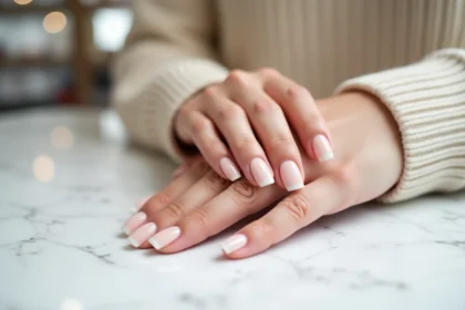 Mains féminines aux ongles en porcelaine avec finition French manucure naturelle sur marbre blanc dans un salon de beauté moderne