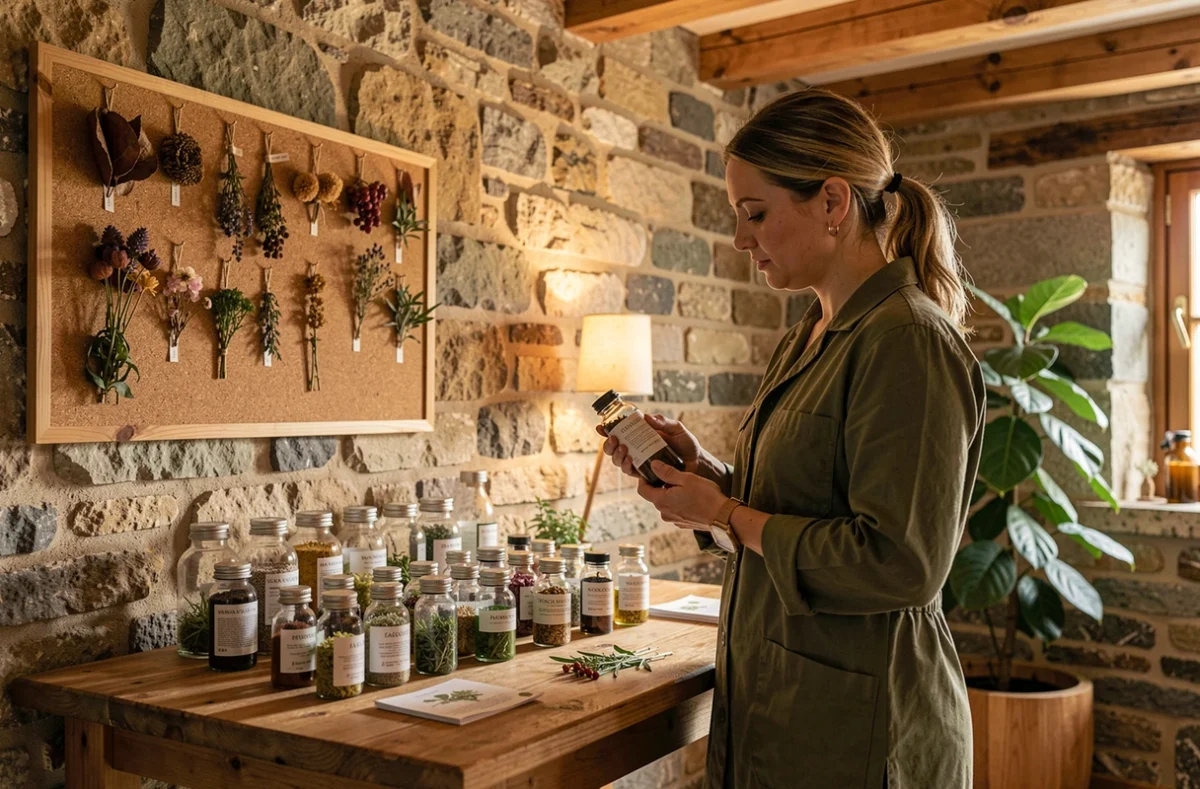 Thérapeute de Phyto Sibérie à Mouazé examinant des extraits de plantes sibériennes dans un cadre de consultation naturel en pierre bretonne