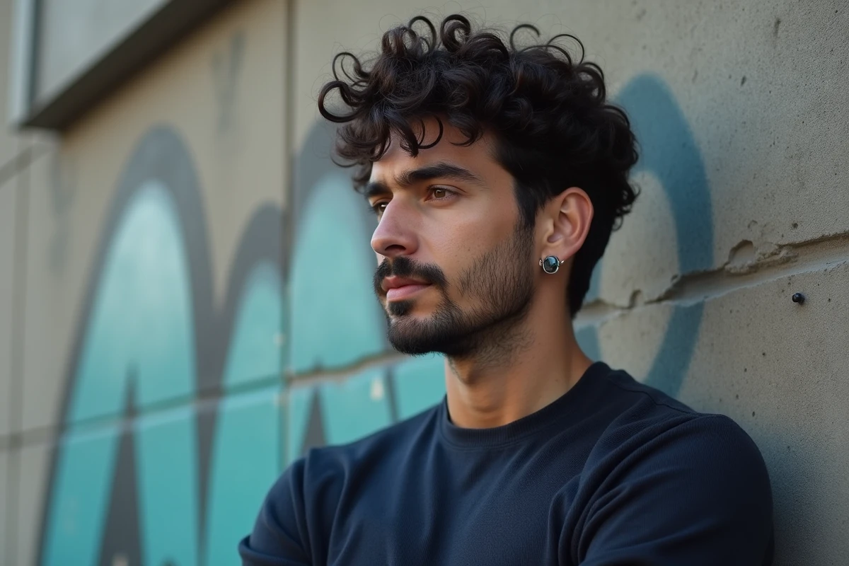 Homme aux cheveux bouclés avec deux piercings cartilage titanium empilés sur le haut de l'oreille, style urbain