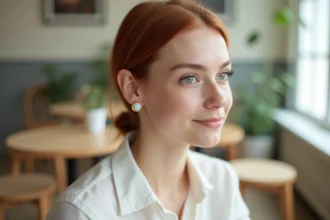 Jeune femme aux cheveux courts montrant un piercing hélix en or avec opale sur le haut de l'oreille dans un café scandinave