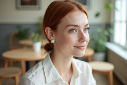 Jeune femme aux cheveux courts montrant un piercing hélix en or avec opale sur le haut de l'oreille dans un café scandinave