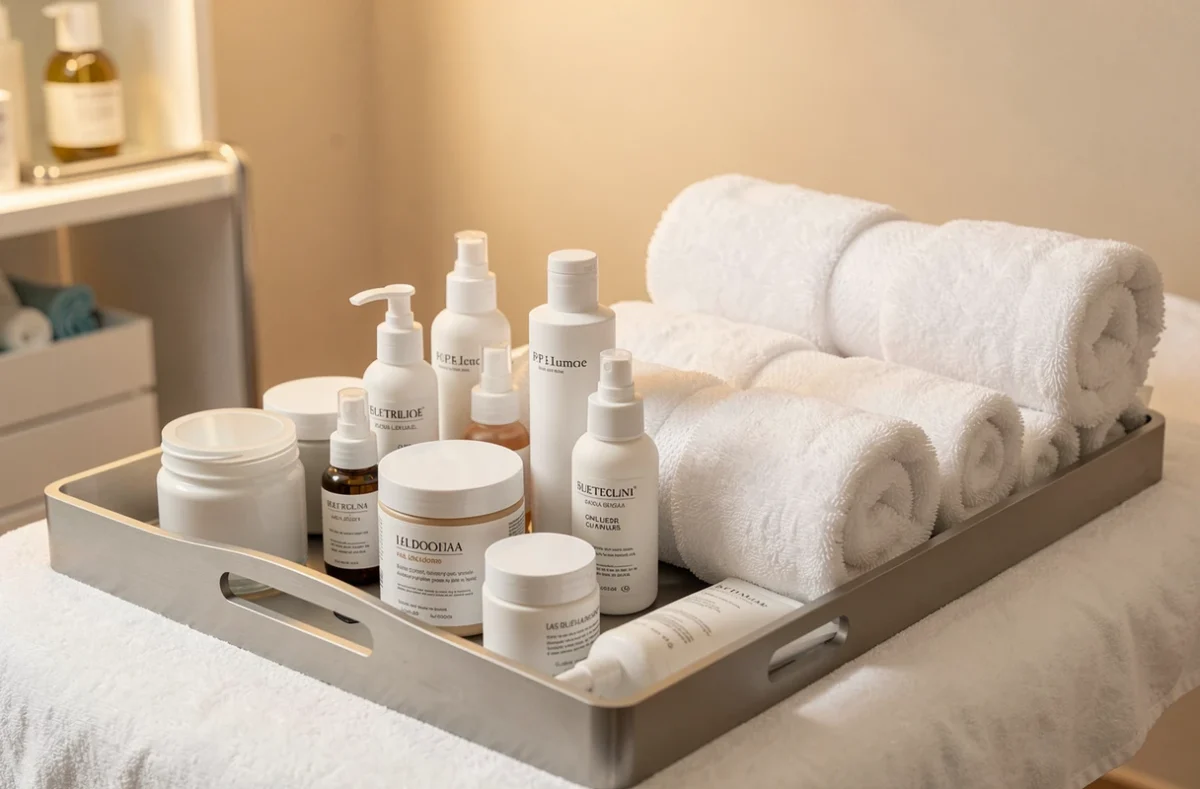 Plateau de produits de soin du visage préparé dans une cabine d'institut