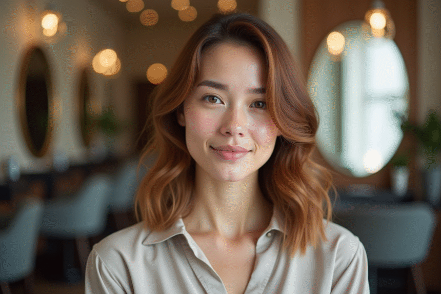 Portrait d'une femme aux cheveux ondulés dans un salon moderne