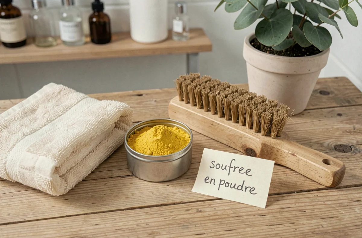 Poudre de soufre jaune dans une boîte métallique posée sur une surface en bois, avec une brosse à pied et une serviette, pour usage contre la mycose