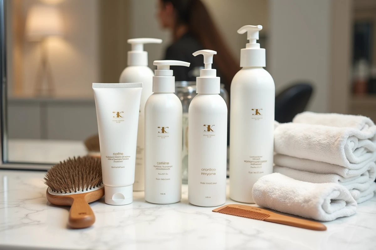 Gamme de produits capillaires professionnels disposés sur un comptoir en marbre dans un salon de coiffure haut de gamme