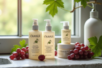Produits Caudalie sur un comptoir en pierre avec raisin et feuilles