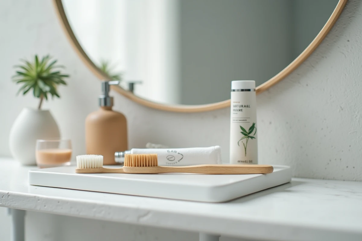 Gros plan d'une étagère de salle de bain avec brosse à dents en bambou, gratte-langue, dentifrice naturel et rince-bouche sur un plateau céramique blanc