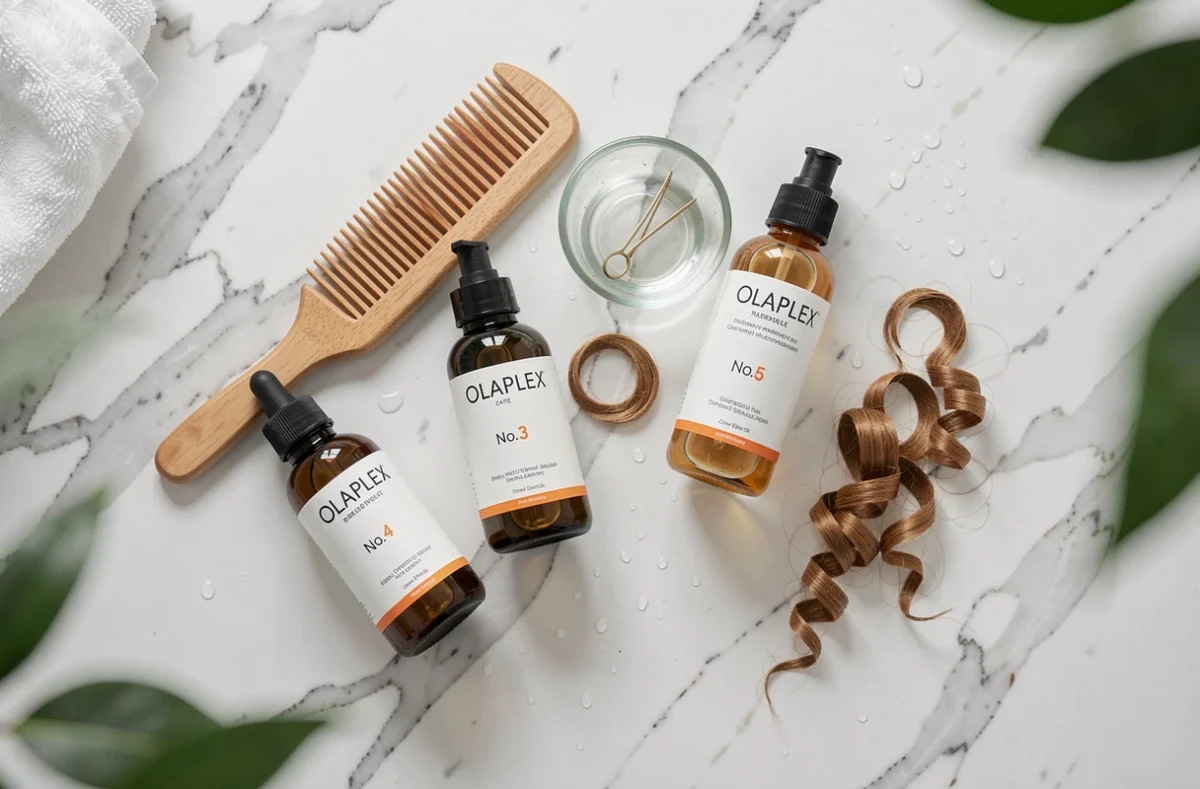 Flatlay de produits Olaplex pour cheveux bouclés disposés sur un comptoir en marbre blanc