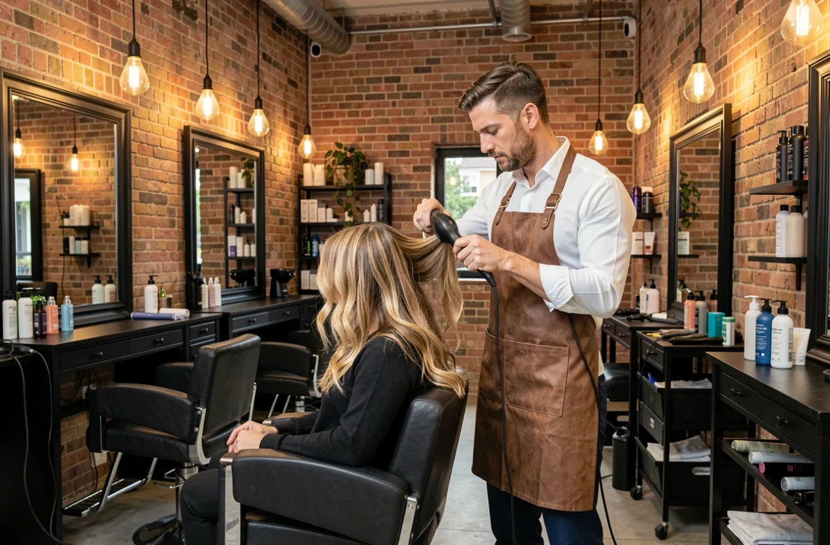 Styliste masculin au salon Références du Coiffeur à Rennes soufflant les cheveux d'une cliente dans un décor industriel chic