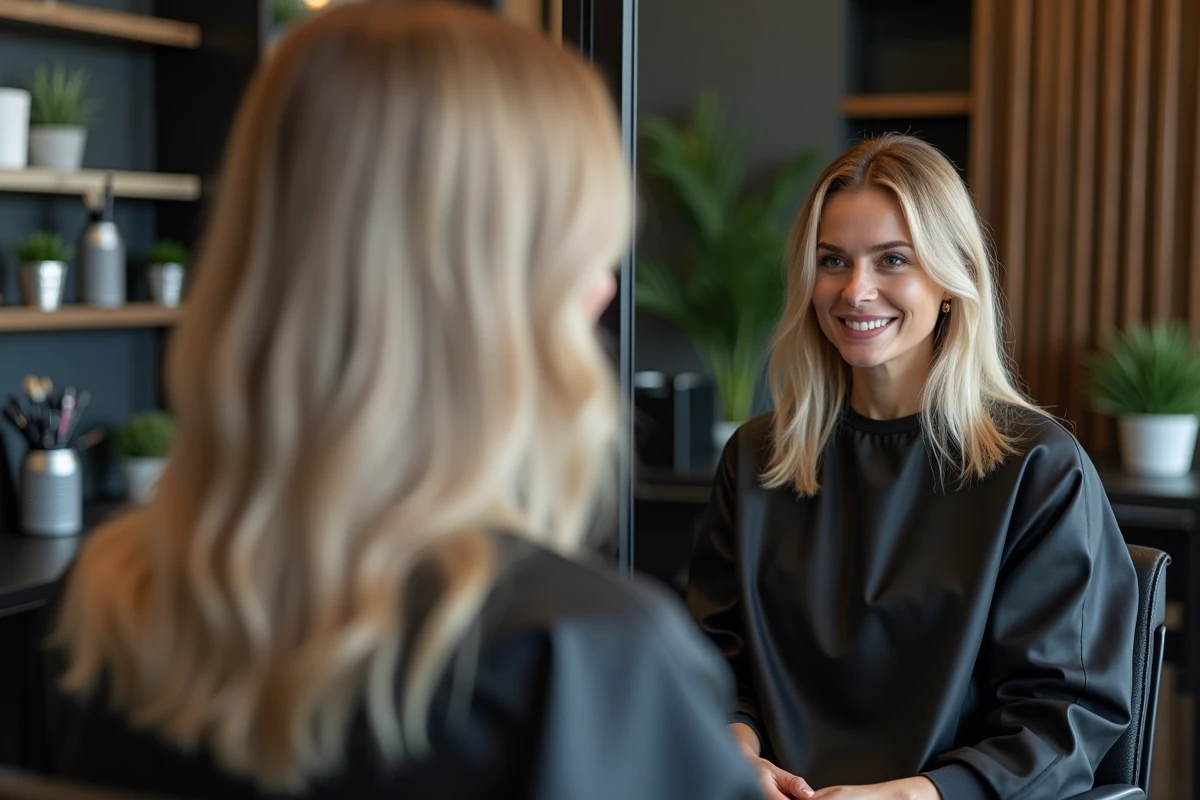 Femme admirant le résultat de sa patine cheveux blond cendré dans le miroir d'un salon de coiffure