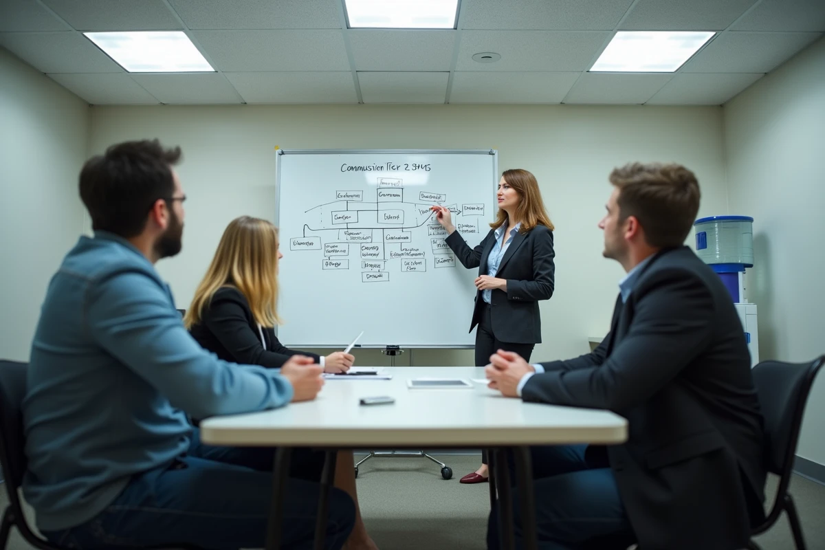 Réunion de recrutement réseau de vente directe avec présentation des conditions de rémunération VDI, participants aux expressions mitigées