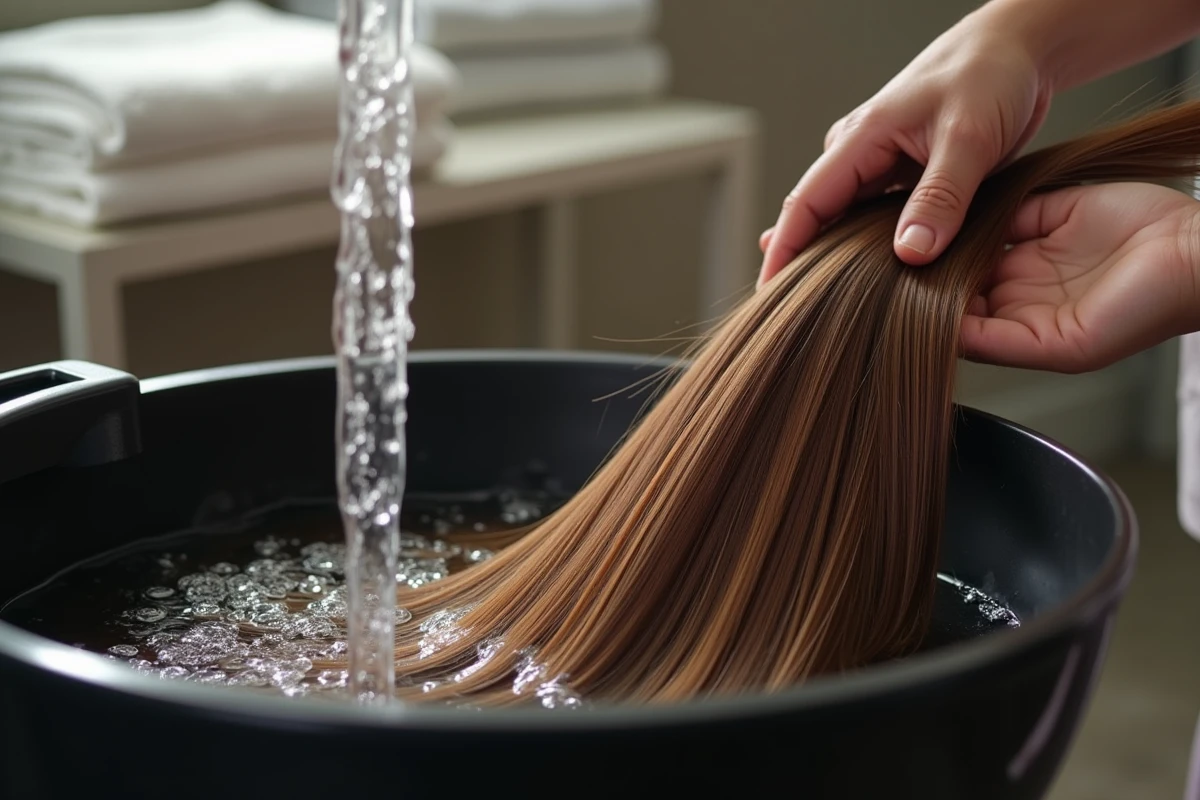 Rinçage d'une patine cheveux châtain brillant au bac à shampoing dans un salon de coiffure professionnel