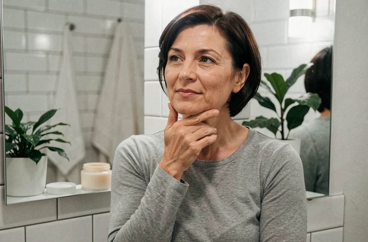 Femme mature inspectant sa peau dans un miroir avec une crème Halcare posée sur le bord du lavabo