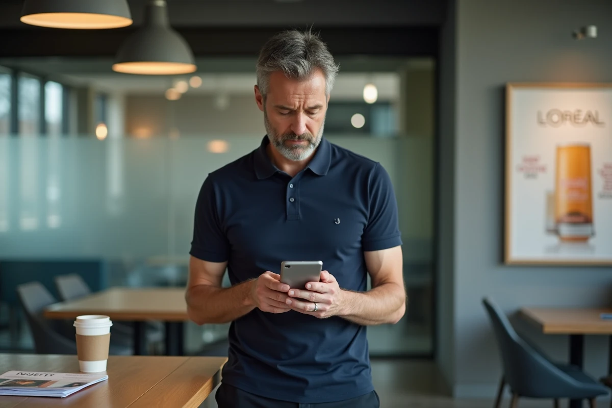 Salarié L'Oréal consultant son smartphone pour résoudre un problème d'accès à la vente au personnel