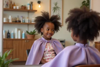 Jeune fille afro assise dans un fauteuil de salon de coiffure spécialisé pour enfants, portant une cape violette, regardant son reflet dans le miroir