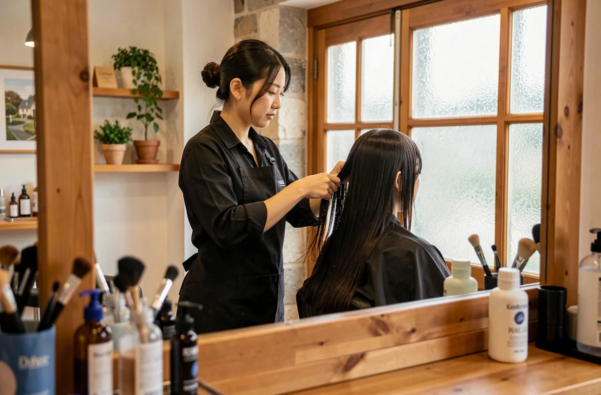 Styliste au salon Gao à Auray coiffant une cliente avec soin dans un espace chaleureux aux accents bois
