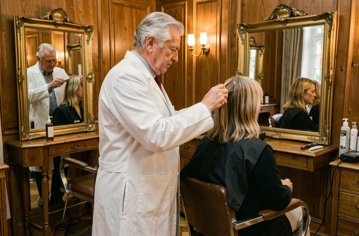 Coiffeur expérimenté consultant une cliente devant un grand miroir dans le salon Serge Comtesse à Saverne