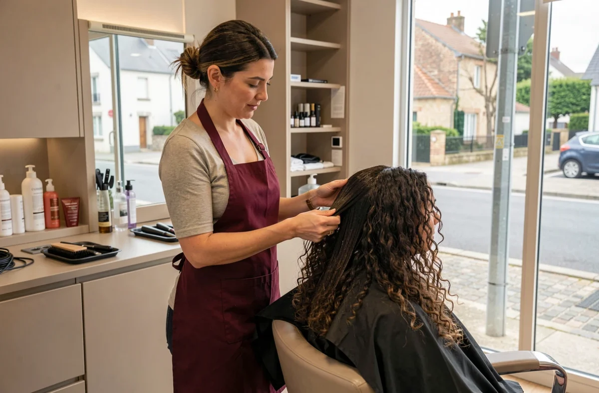 Styliste de Skali Coiffure à Guipavas réalisant un traitement lissant sur une cliente aux cheveux bouclés dans un salon moderne
