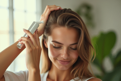 Jeune femme appliquant un serum sur le cuir chevelu dans une salle de bain lumineuse
