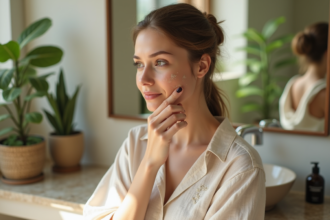 Jeune femme appliquant un serum botanique sur son visage