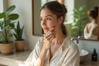 Jeune femme appliquant un serum botanique sur son visage