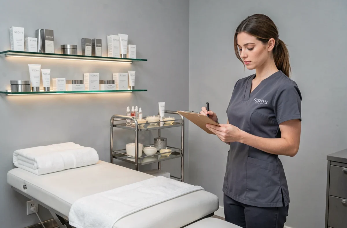 Esthéticienne de l'Institut Sothys Lyon préparant des soins avec des produits Sothys en packaging blanc et argenté dans une salle de traitement au design épuré gris et blanc