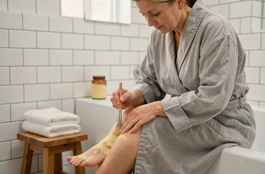 Femme appliquant de la poudre de soufre jaune sur son pied pour traiter une mycose, dans une salle de bain propre et lumineuse