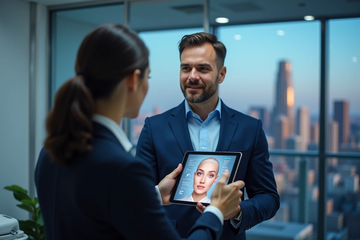 Specialiste en cosmetique montre une tablette à un client