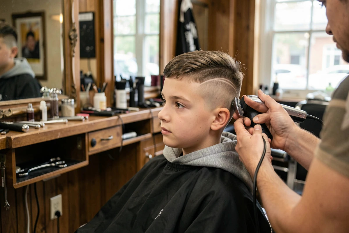 Adolescent en train de se faire tailler une taper coupe dans un salon de coiffure moderne