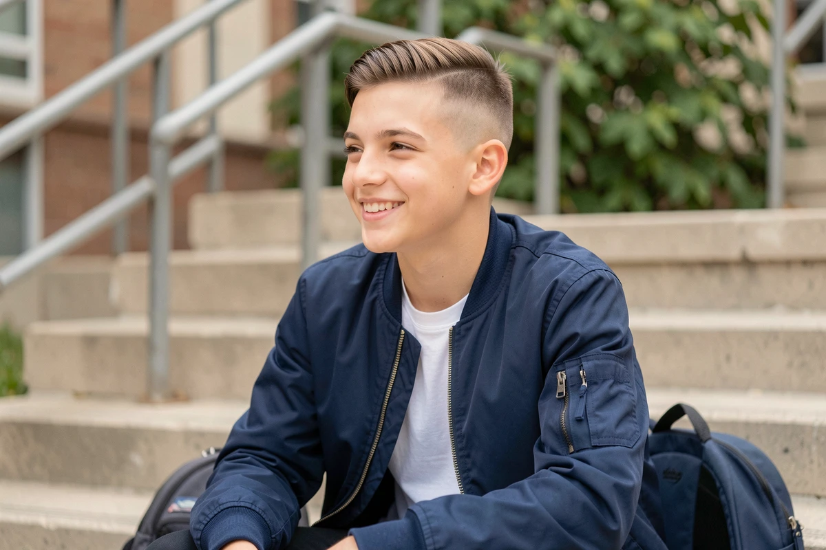 Adolescent souriant avec une taper coupe soignée assis sur les marches d'une école