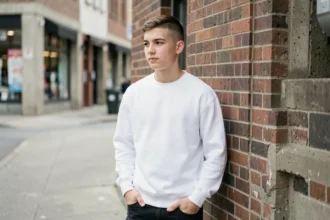 Adolescent avec une taper coupe tendance posant contre un mur de briques en milieu urbain