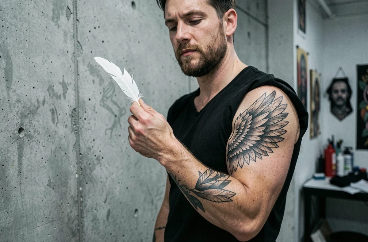 Homme tenant une plume blanche avec un tatouage aile d'ange détaillé sur l'avant-bras dans un studio de tatouage