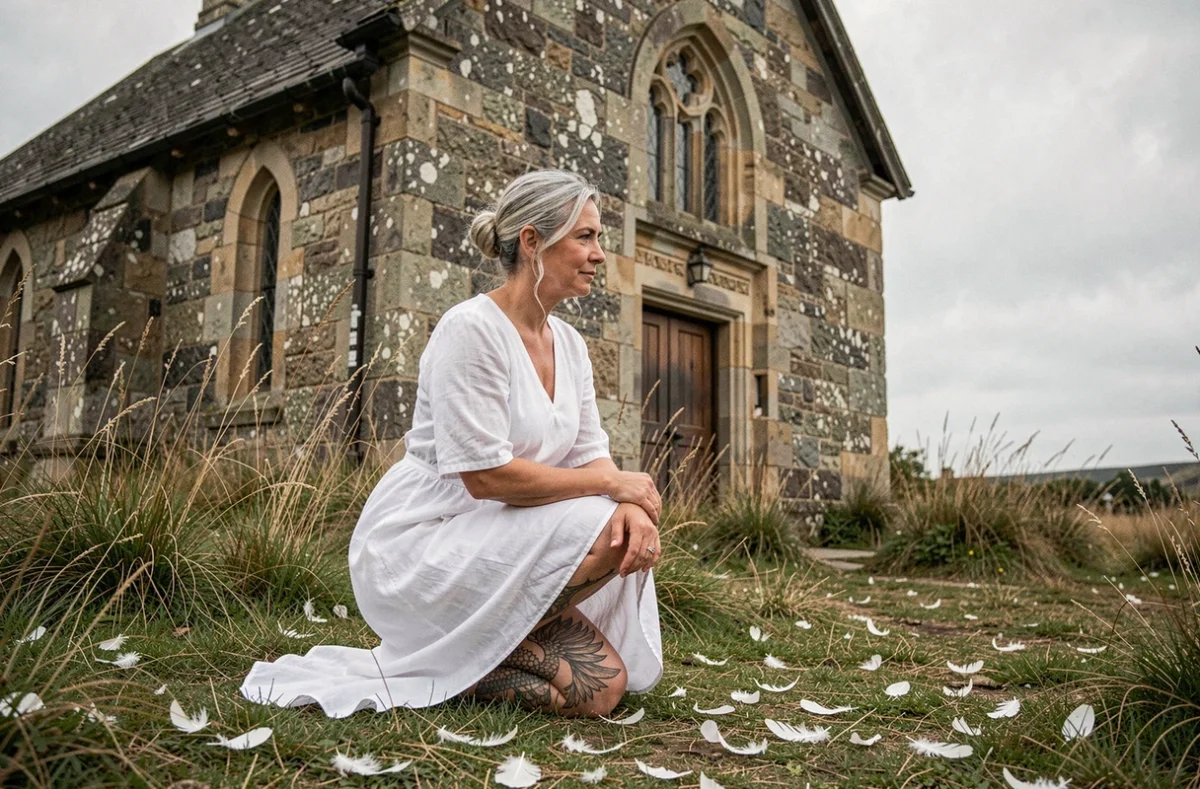 Femme agenouillée près d'une chapelle en pierre avec un tatouage ailes d'anges sur les mollets et des plumes blanches au sol