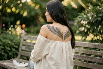 Femme avec un tatouage ailes d'anges dans le dos, assise dans un jardin verdoyant avec une plume posée à côté d'elle