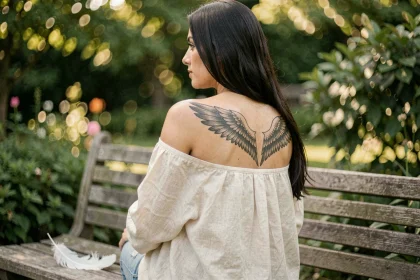 Femme avec un tatouage ailes d'anges dans le dos, assise dans un jardin verdoyant avec une plume posée à côté d'elle