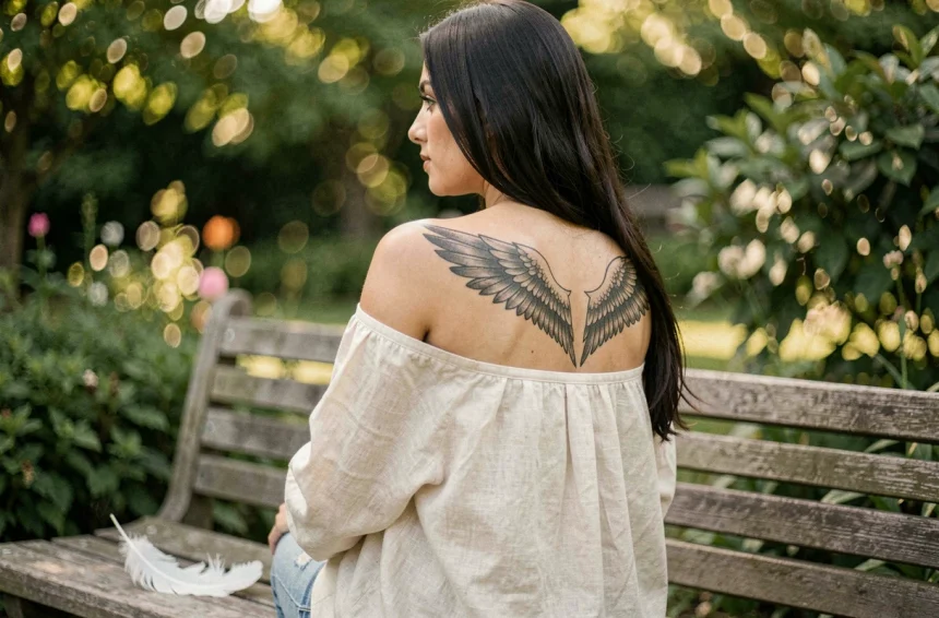 Femme avec un tatouage ailes d'anges dans le dos, assise dans un jardin verdoyant avec une plume posée à côté d'elle