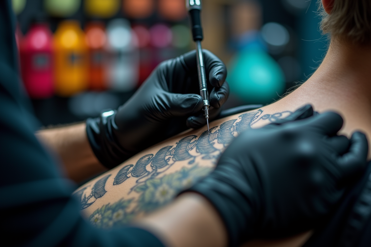 Détails des mains du tatoueur travaillant sur un tatouage de la colonne vertébrale