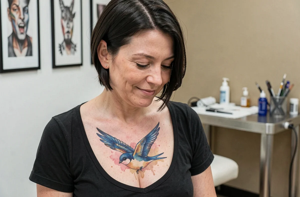 Femme admirant son nouveau tatouage hirondelle aquarelle sur la clavicule dans un studio de tatouage moderne
