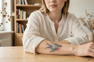 Tatouage hirondelle aquarelle sur le poignet d'une femme portant un chemisier en lin blanc, style poétique et féminin