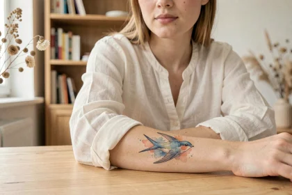 Tatouage hirondelle aquarelle sur le poignet d'une femme portant un chemisier en lin blanc, style poétique et féminin