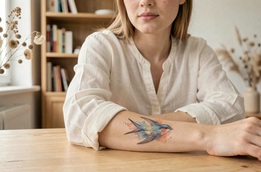 Tatouage hirondelle aquarelle sur le poignet d'une femme portant un chemisier en lin blanc, style poétique et féminin