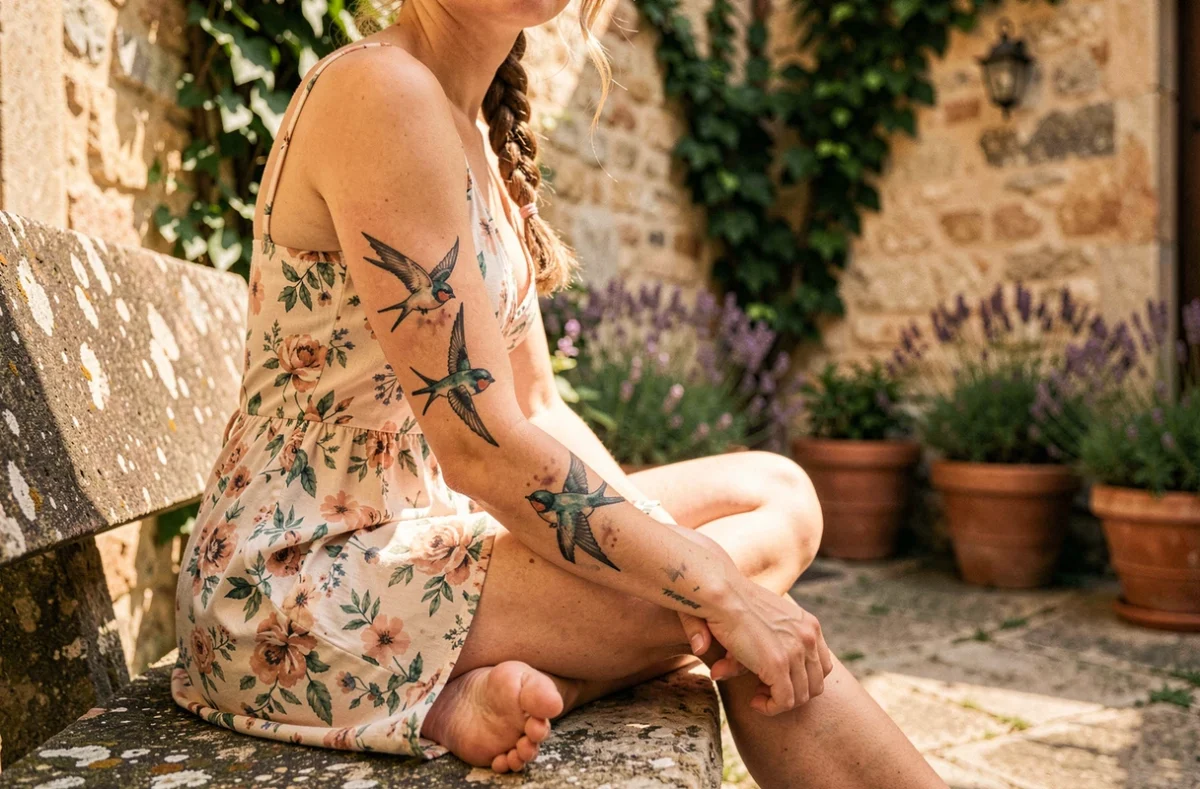 Tatouage hirondelles aquarelle sous le coude d'une femme assise dans un jardin provençal fleuri, style romantique