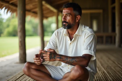 Homme polynésien expliquant la signification culturelle de son tatouage traditionnel sur l'avant-bras dans un fale samoain