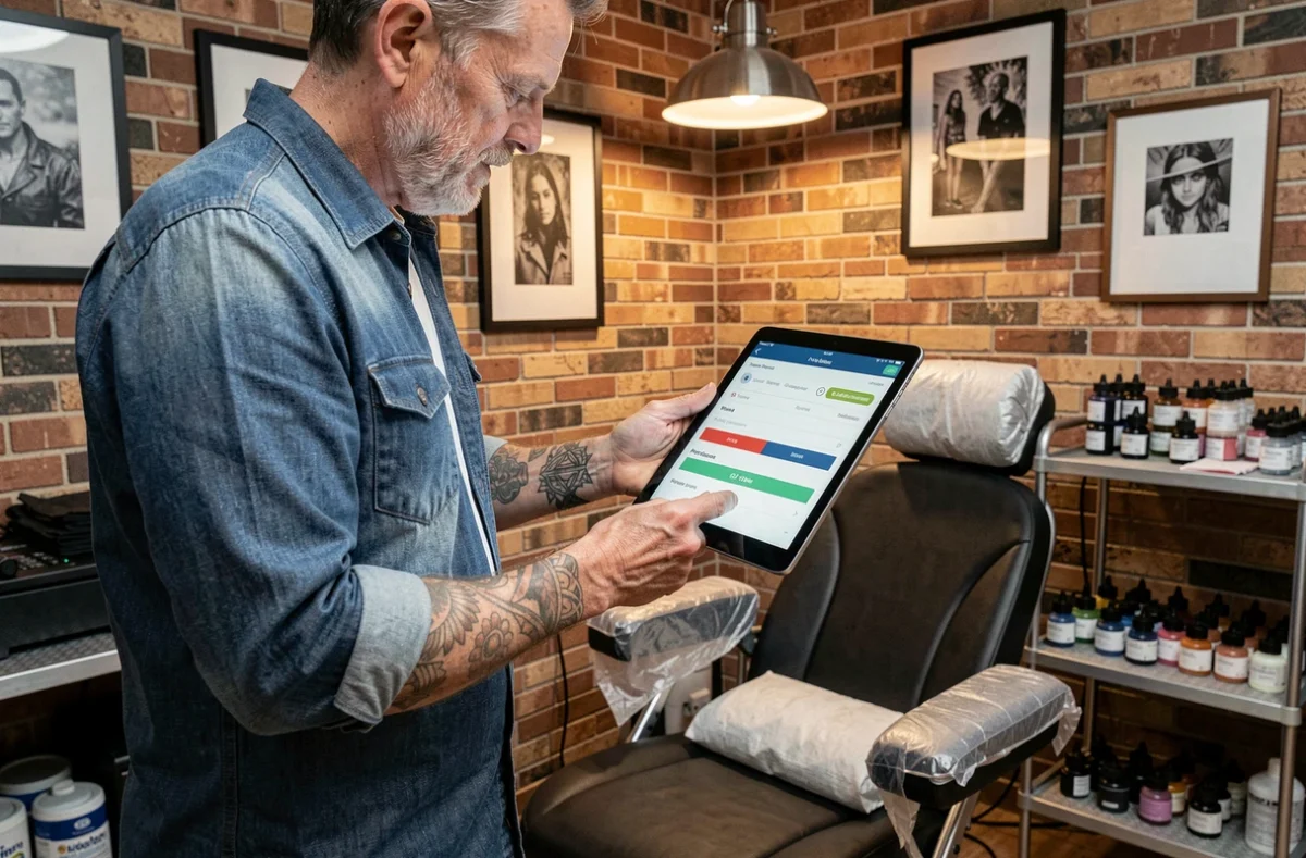 Tatoueur expérimenté utilisant un outil d'estimation de prix sur tablette dans son atelier professionnel