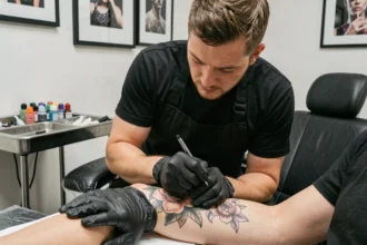 Tatoueur professionnel travaillant sur un tatouage floral dans un studio propre et moderne, illustrant le savoir-faire et le prix juste d'un tatouage de qualité