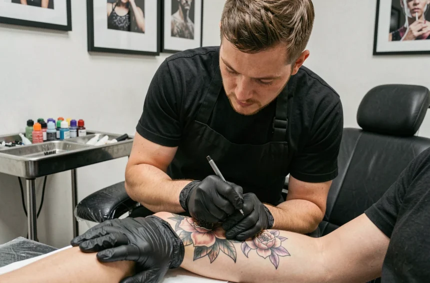 Tatoueur professionnel travaillant sur un tatouage floral dans un studio propre et moderne, illustrant le savoir-faire et le prix juste d'un tatouage de qualité
