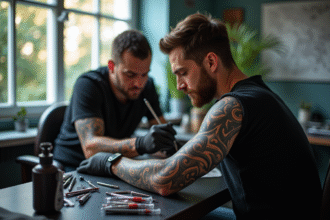 Tatoueur créant un tatouage tribal sur le bras d'un client dans un studio lumineux