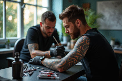 Tatoueur créant un tatouage tribal sur le bras d'un client dans un studio lumineux