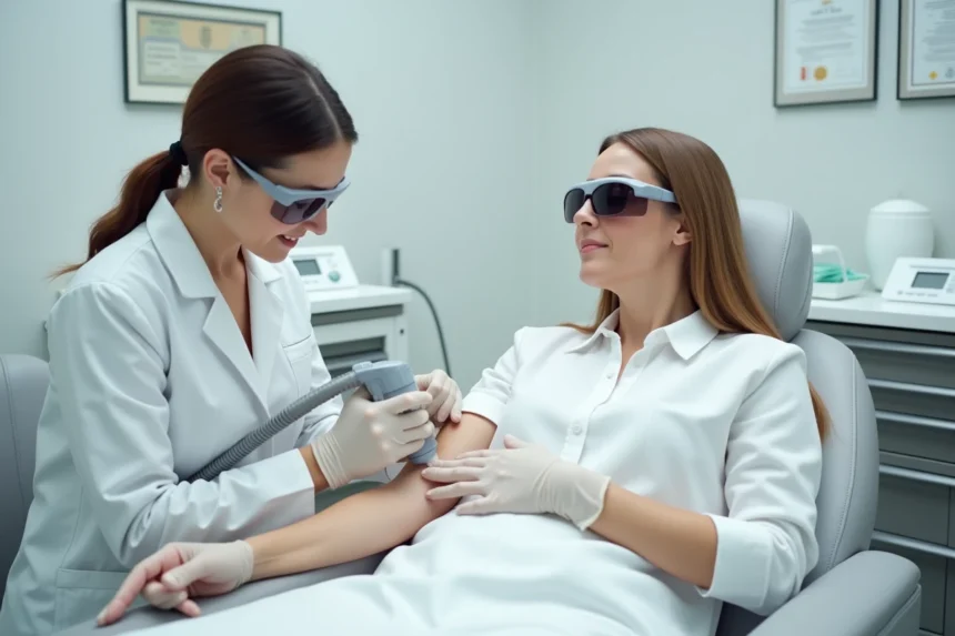 Technicienne laser appliquant un protocole de soin au laser sur l'avant-bras d'une patiente dans un centre médical esthétique professionnel