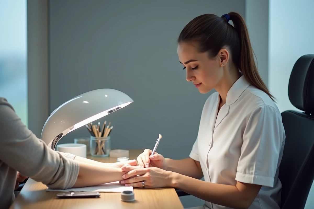 Prothésiste ongulaire appliquant de la porcelaine sur les ongles d'une cliente dans un studio de manucure professionnel